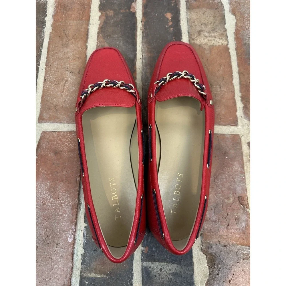 Talbots Red Leather Driving Moccasin Ribbon Chain Detail Loafer Shoes Women 9.5
